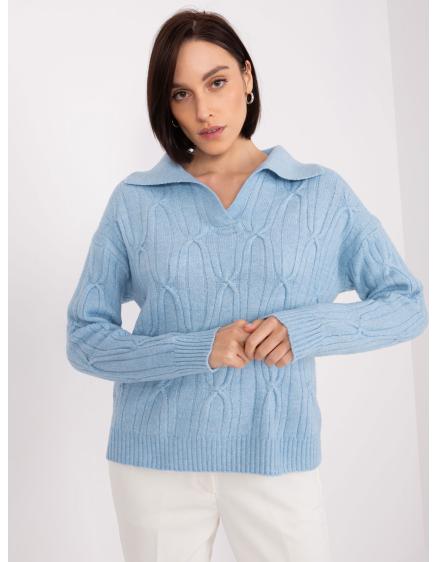 Světle modrý Dámský svetr s kostkovaným vzorem a límcem