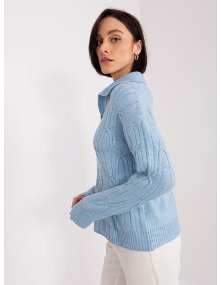 Světle modrý Dámský svetr s kostkovaným vzorem a límcem