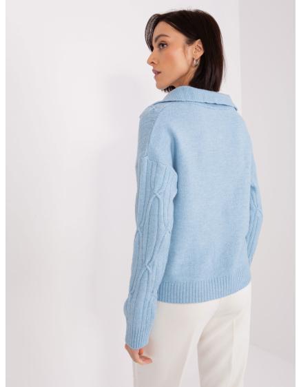 Světle modrý Dámský svetr s kostkovaným vzorem a límcem