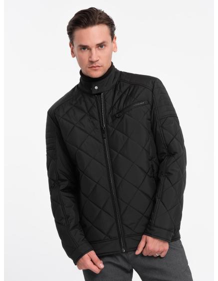 Pánska zateplená bunda BIKER prešívaná kosoštvorcovým vzorom - čierna