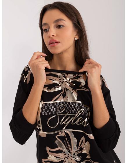 Női blúz nyomtatással és applikációval fekete
