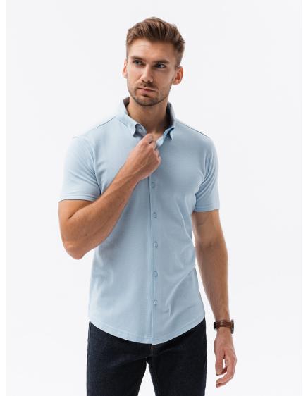 Pánske pletené tričko slim fit s krátkymi rukávmi a golierom modré