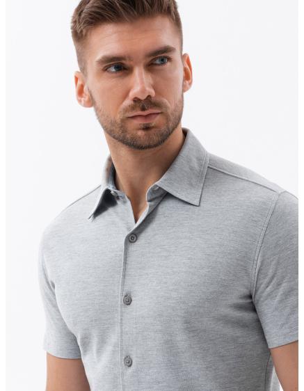 Férfi karcsúsított kötött ing rövid ujjal és gallérral, szürke