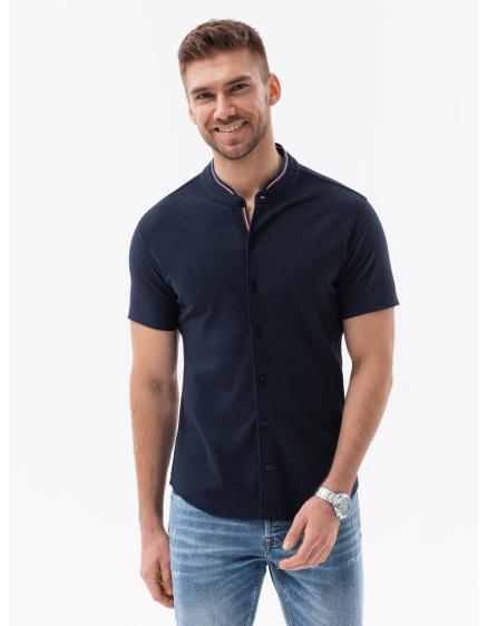 Pánska pletená košeľa s krátkym rukávom a golierom tmavomodrá