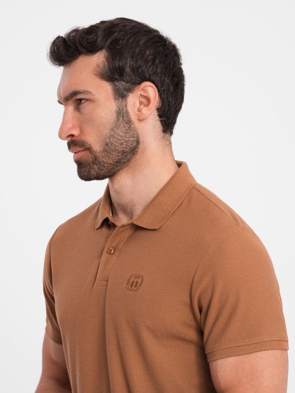 Pánska jednofarebná polokošeľa BASIC pique knit hnedá