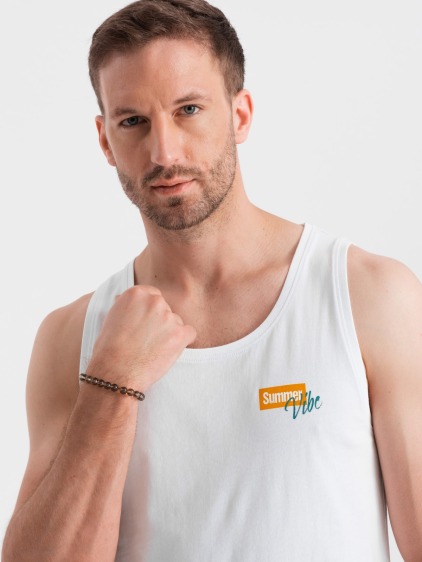 Pánske bavlnené tielko s potlačou Summer Vibe biele V2 OM-TSTT-0191