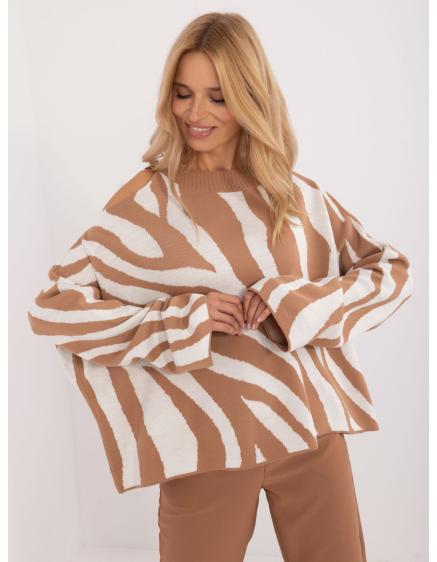 Női állatmintás pulóver barna és ekrü színben