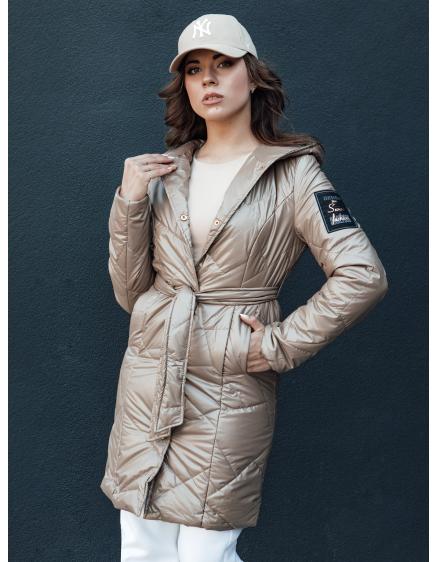 Női steppelt hosszú kabát kapucnival PAUL bézs színű