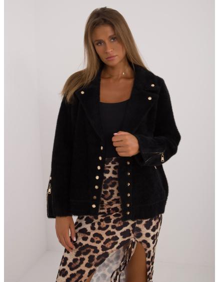 Női alpakka kabát zsebekkel átmeneti fekete