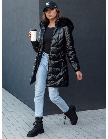 Dámska prešívaná zimná bunda s kožušinou SHINE čierna