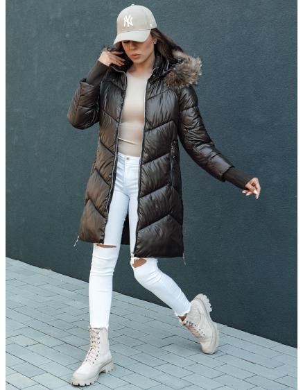 Dámská zimní bunda prošívaná s umělou kožešinou a kapucí LAGOON moka černá