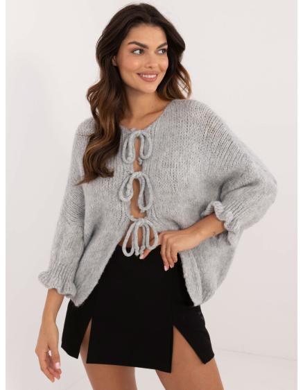Dámský svetr nadměrné velikosti se zavazováním šedý 