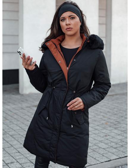 Női TRENDNEL hosszú steppelt télikabát szőrmével fekete