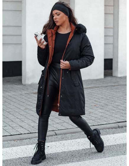 Női TRENDNEL hosszú steppelt télikabát szőrmével fekete