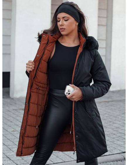 Női TRENDNEL hosszú steppelt télikabát szőrmével fekete