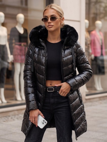 Dámská prošívaná zimní bunda s kapucí CRYSTAL černá
