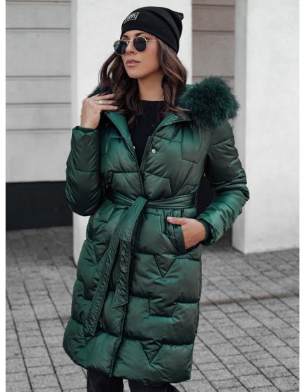 Dámska dlhá prešívaná zimná bunda STYLOWQ s kožušinou tmavozelená