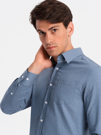 Pánska košeľa SLIM FIT zo saténovej tkaniny s vreckom modrá