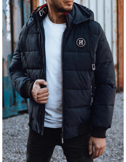 Férfi téli steppelt kabát kapucnival sötétkék