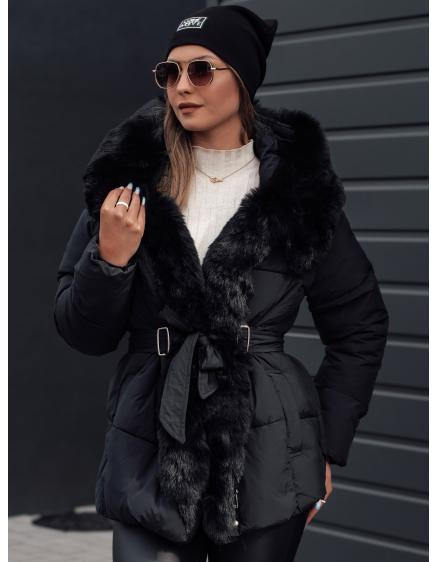 Női télikabát FURSOFT hosszú steppelt, kapucnival fekete