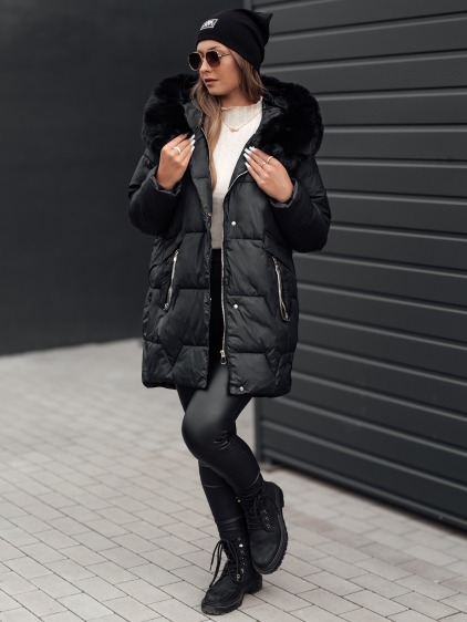Női télikabát FROSTYFIT steppelt kapucnival fekete