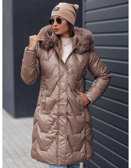 Dámska zimná bunda ELECIO dlhá prešívaná s kapucňou tmavobéžová