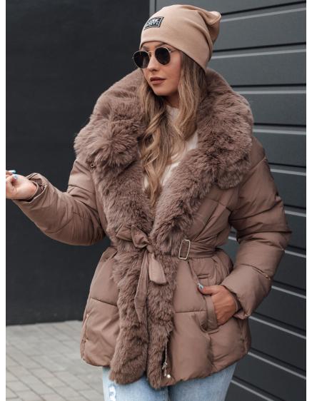 Női télikabát FURSOFT steppelt sötétbézs kapucnival