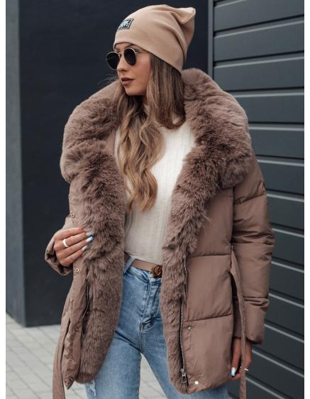 Női télikabát FURSOFT steppelt sötétbézs kapucnival