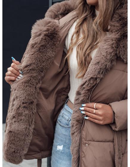 Női télikabát FURSOFT steppelt sötétbézs kapucnival