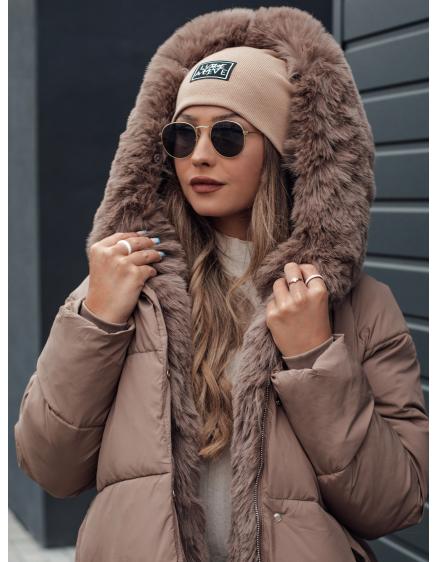 Női télikabát FURSOFT steppelt sötétbézs kapucnival