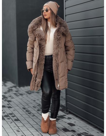 Dámska zimná bunda MORISIO dlhá prešívaná s kapucňou tmavobéžová