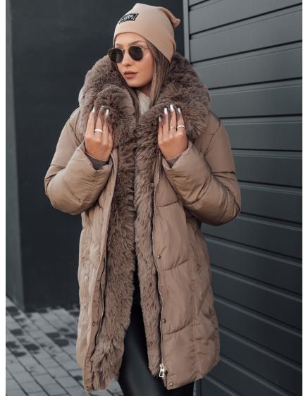 Dámska zimná bunda MORISIO dlhá prešívaná s kapucňou tmavobéžová