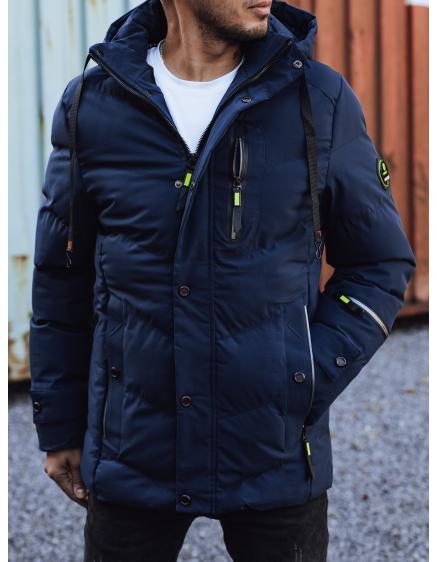 Férfi télikabát steppelt kapucnival tengerészkék