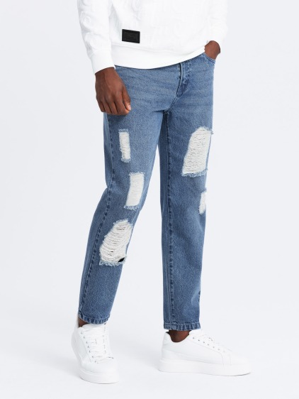 Pánské džínové kalhoty TAPERED FIT s otěry - tmavě modré