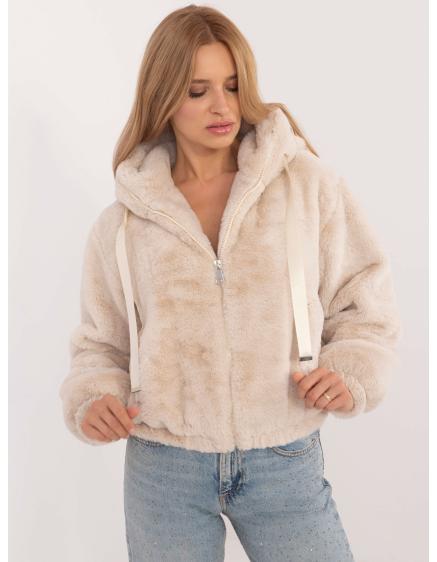 Világosbézs női szőrmekabát kapucnival