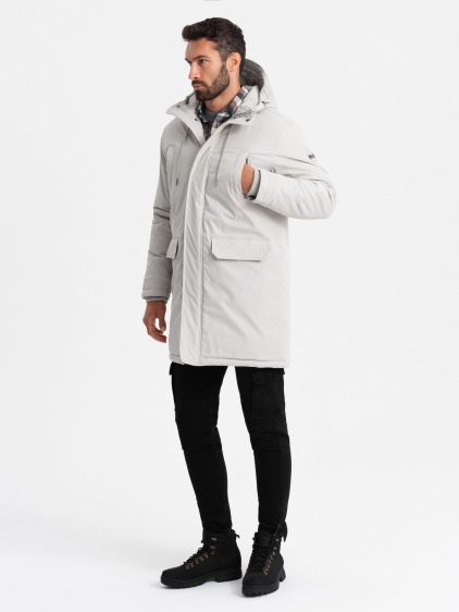 Férfi klasszikus hosszú parka dzseki - krém V1