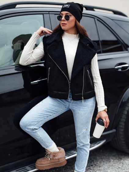 Dámska semišová vesta s ovčou kožušinou WOOLZIP čierna