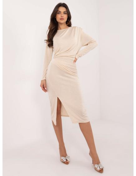 Svetlo béžové midi koktejlové šaty s drapériou