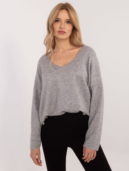 Šedý dámský oversize svetr s výstřihem do V – fotografie produktu 2