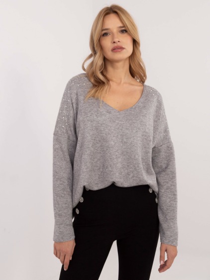 Šedý dámský oversize svetr s výstřihem do V – fotografie produktu 6