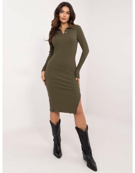 Khaki színű bordázott alapruha gallérral