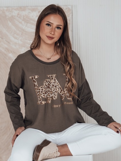 Dámská volná halenka s dlouhým rukávem a potiskem LOVE, hnědá