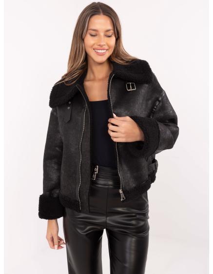 Fekete télikabát dekoratív csíkokkal