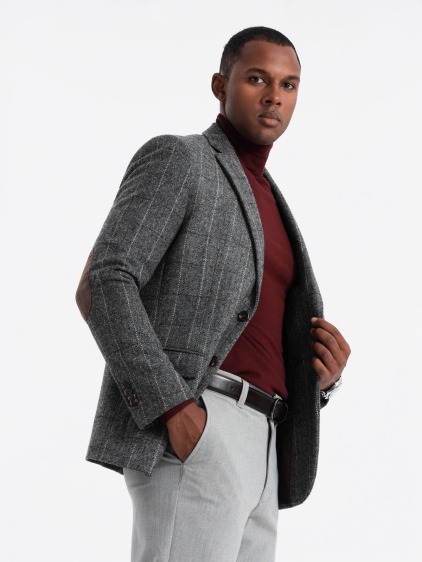 Elegantní pánská marynarka w kratkę z wełną - szara V1 OM-BLZB-0137