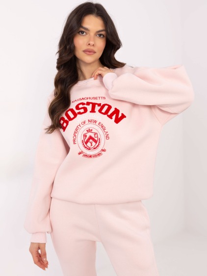Svetloružová dámska mikina s kapucňou s nápisom Boston