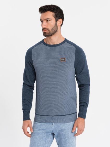 Pánský pletený svetr RELAXED FIT se vzory - tmavě modrý V1 OM-SWSW-0111