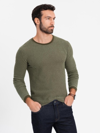 Pletený pánský svetr RELAXED FIT se vzory - tmavě modrý V1 OM-SWSW-0111