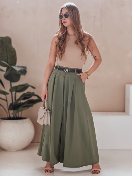 Dámské široké kalhoty-sukně s páskem, khaki