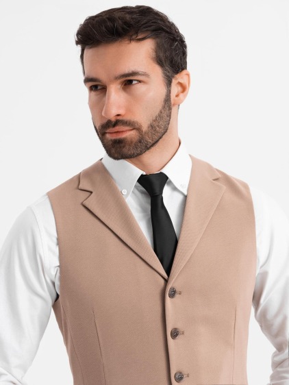 Pánská slim fit strukturovaná vesta s klopami, hnědá – fotografie produktu 2