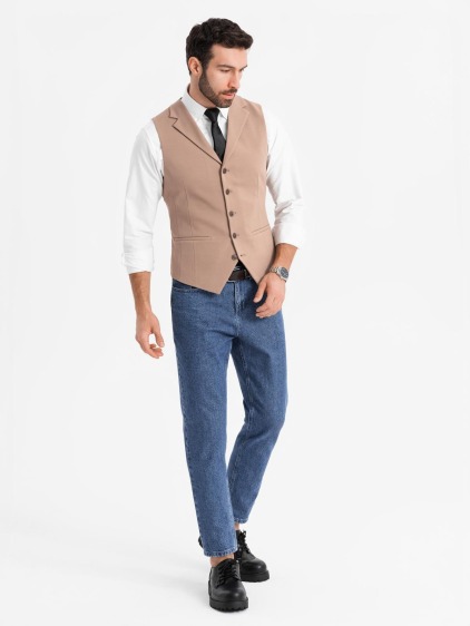 Pánská slim fit strukturovaná vesta s klopami, hnědá – fotografie produktu 3